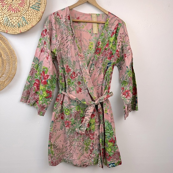 Anthropologie Other - Anthropologie pink floral cotton robe with kimono sleeves